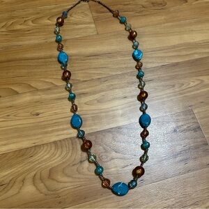 Long Teal and Brown Beaded Necklace